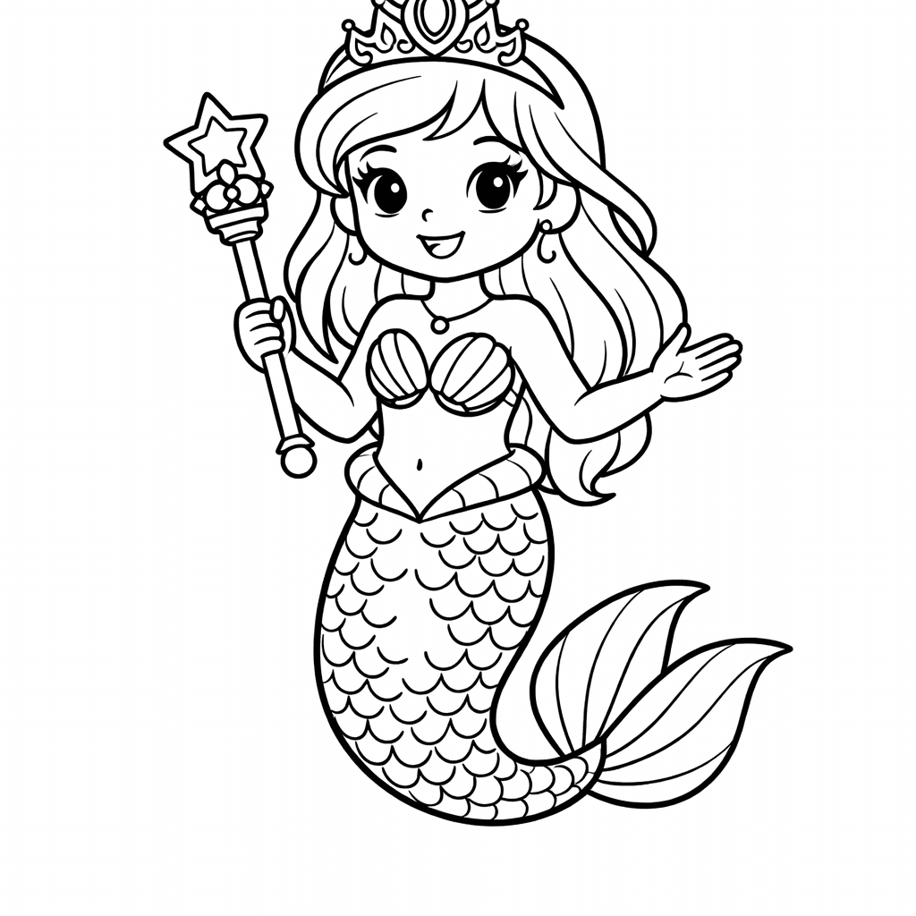 Free printable coloring page: A Mermaid Princess From Above, Floating Face-up In…, for ages 3-6
