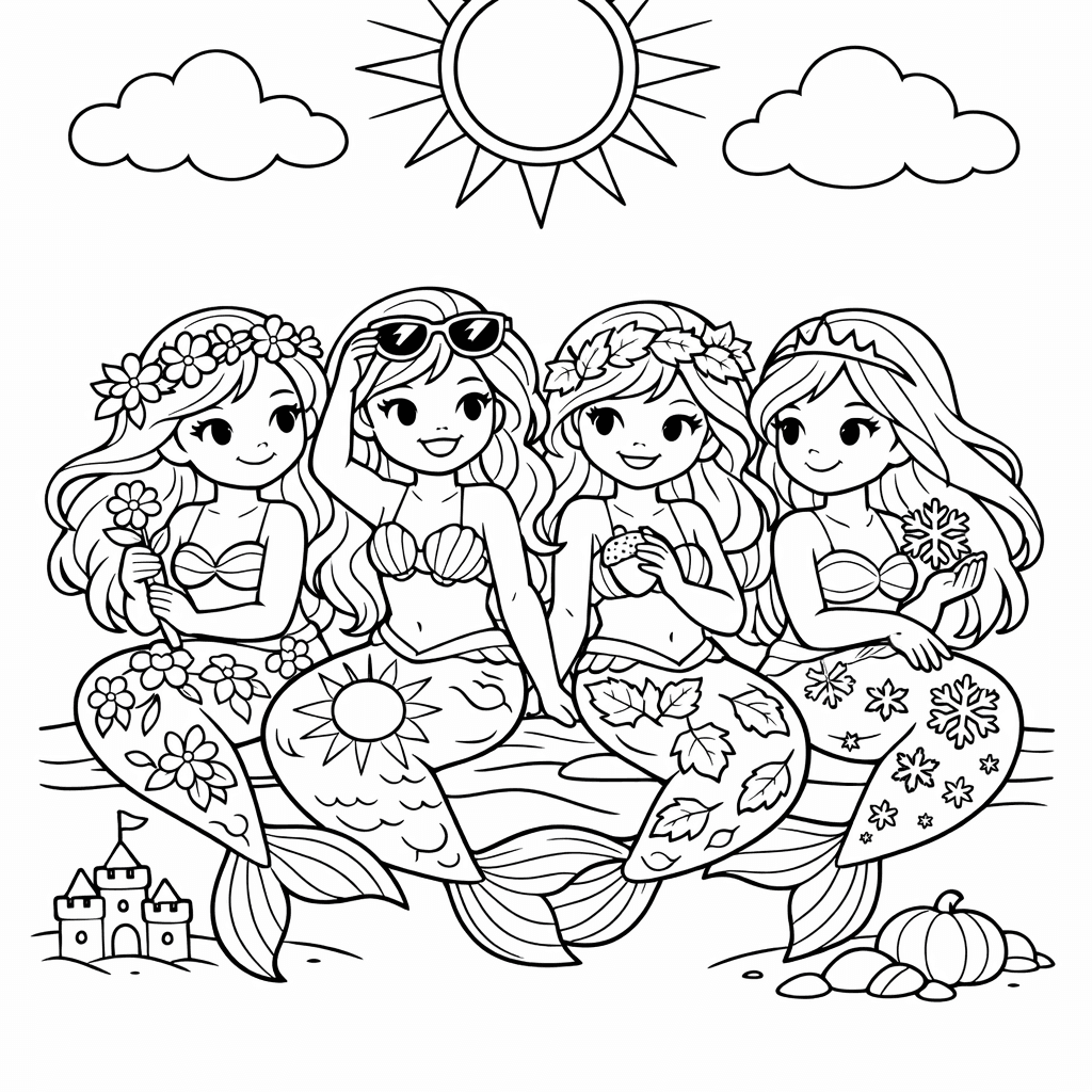 Free printable coloring page: Mermaid Sisters Of Different Ages, for ages 7-12