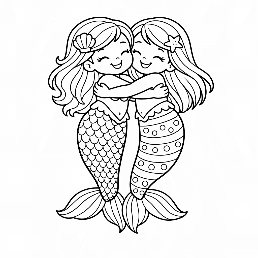 Free printable coloring page: Three Mermaid Sisters With Very Different Hairstyles And…, for ages 7-12