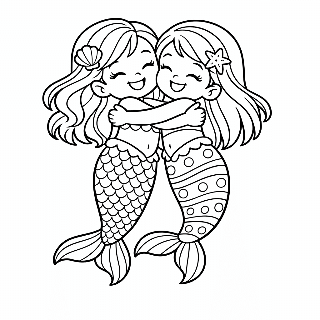 Free printable coloring page: Object Only: Two Mermaid Sisters Hugging, Each With…, for ages 7-12
