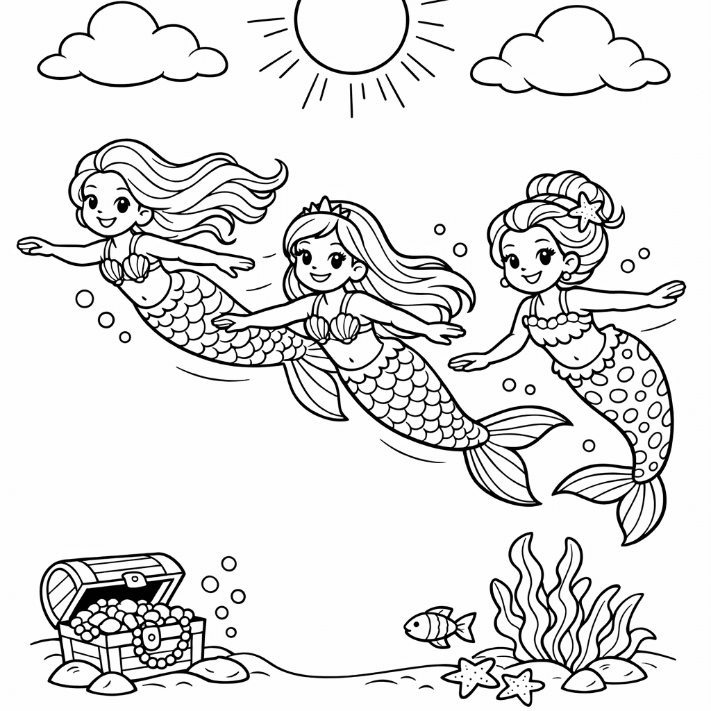 Free printable coloring page: Four Mermaid Sisters Each Representing A Season —…, for ages 7-12