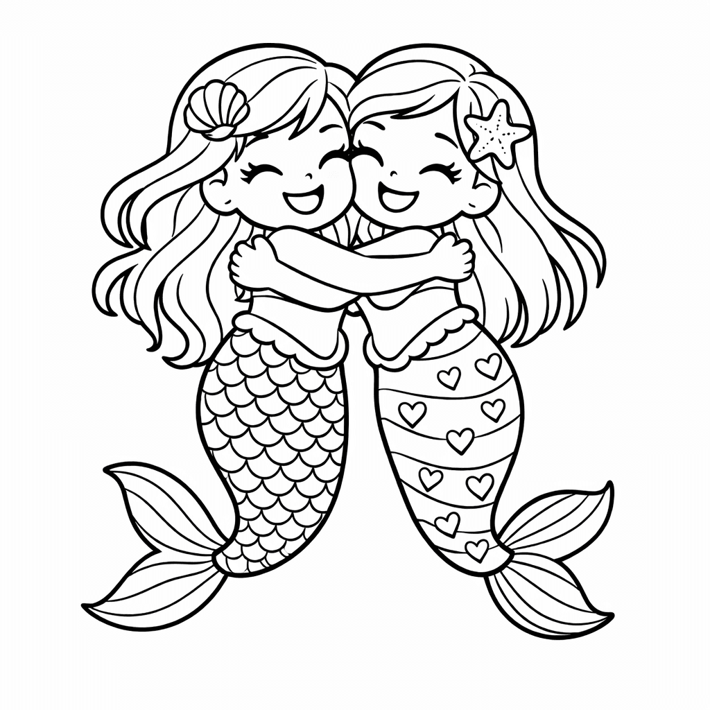 Free printable coloring page: Object Only: Two Mermaid Sisters Hugging, Each With…, for ages 3-6