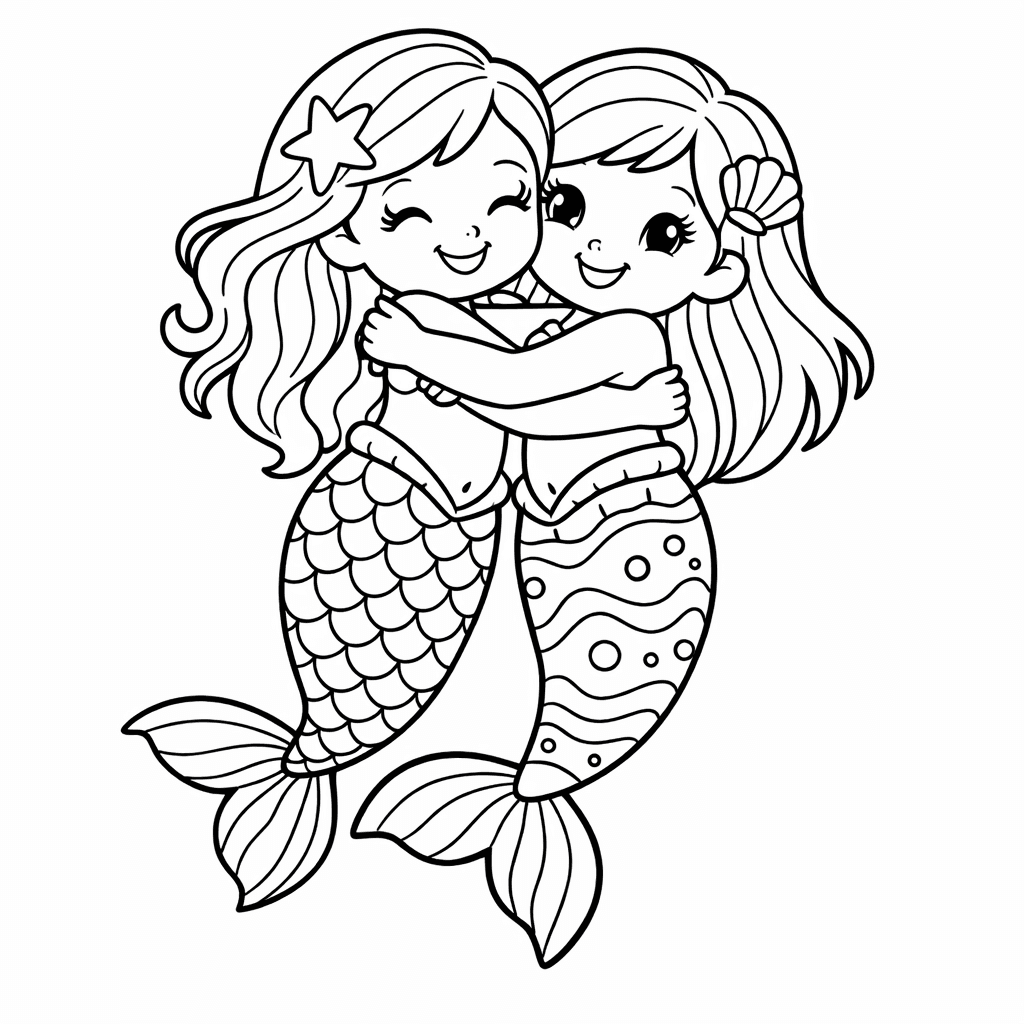 Free printable coloring page: Object Only: Two Mermaid Sisters Hugging, Each With…, for ages 3-6