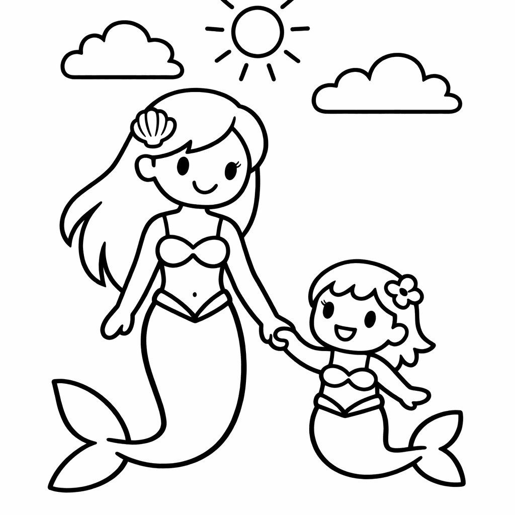 Free printable coloring page: Two Mermaid Sisters Sitting Back-to-back On A Rock,…, for ages 3-6