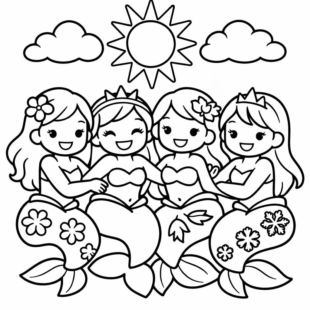 Free printable coloring page: Four Mermaid Sisters Each Representing A Season —…, for ages 3-6