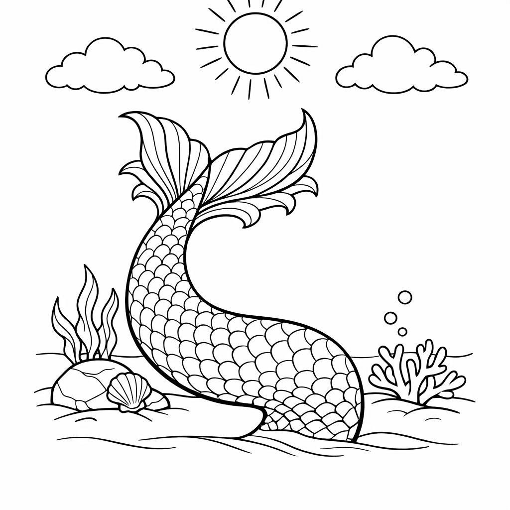 Free printable coloring page: A Single Long Mermaid Tail Curving In An…, for ages 7-12