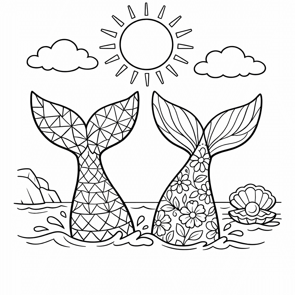 Free printable coloring page: Two Mermaid Tails Side By Side With Completely…, for ages 7-12