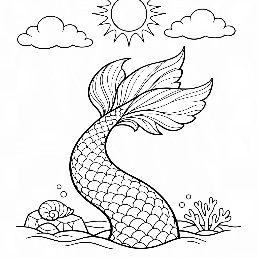 Free printable coloring page: A Mermaid Tail Splashing Out Of Water, Droplets…, for ages 7-12