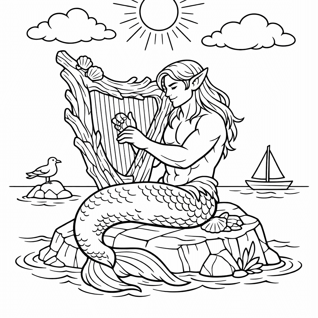 Free printable coloring page: A Merman Explorer With A Satchel Discovering A…, for ages 7-12