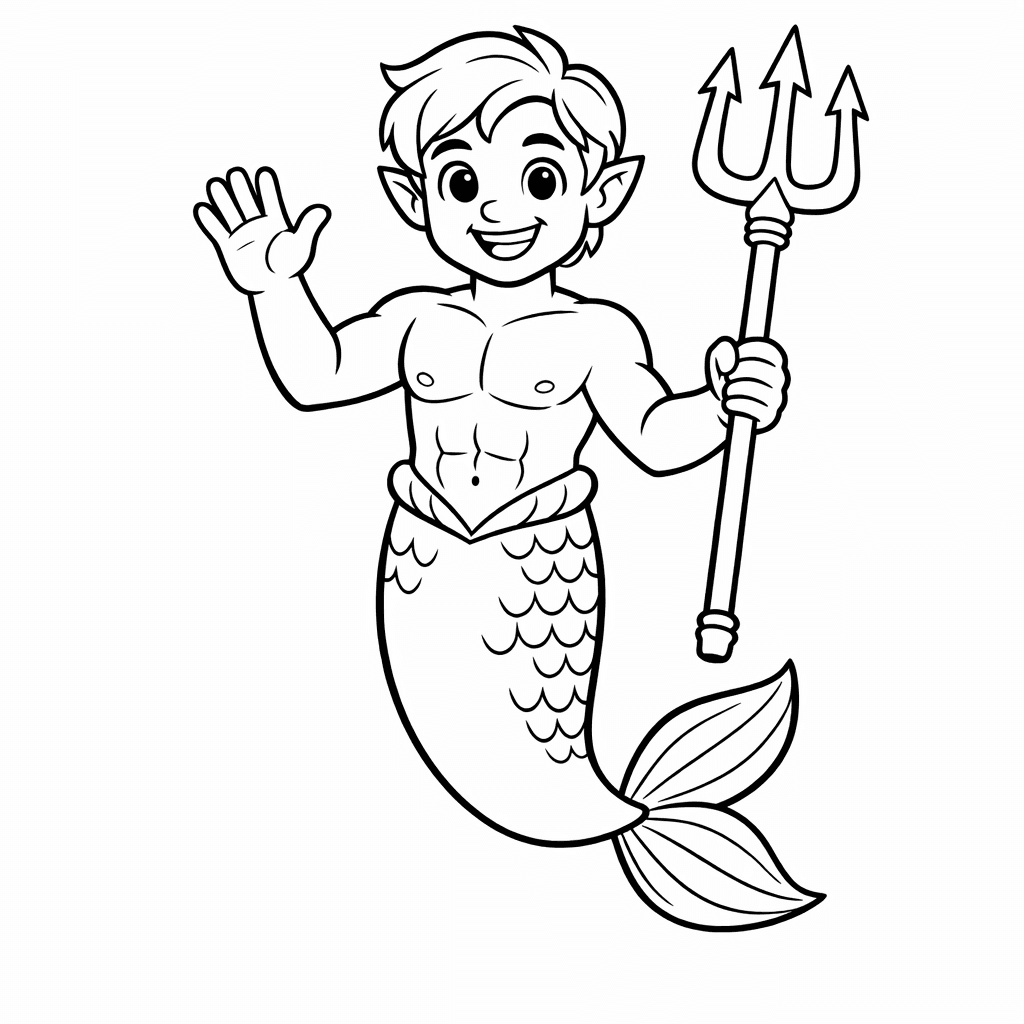 Free printable coloring page: A Young Merman Boy Doing A Backflip Over…, for ages 7-12