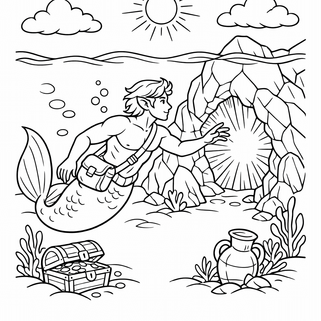 Free printable coloring page: A Merman Explorer With A Satchel Discovering A…, for ages 7-12