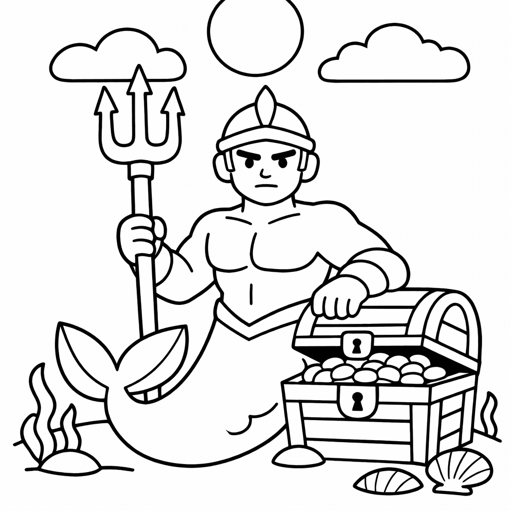 Free printable coloring page: Object Only: A Friendly Merman Waving With A…, for ages 3-6