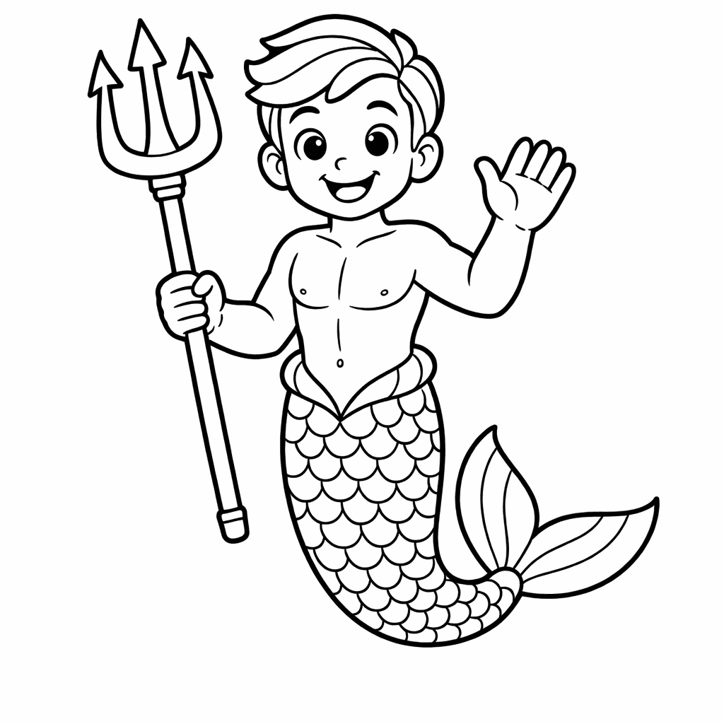 Free printable coloring page: A Merman Musician Playing A Harp Made Of…, for ages 3-6