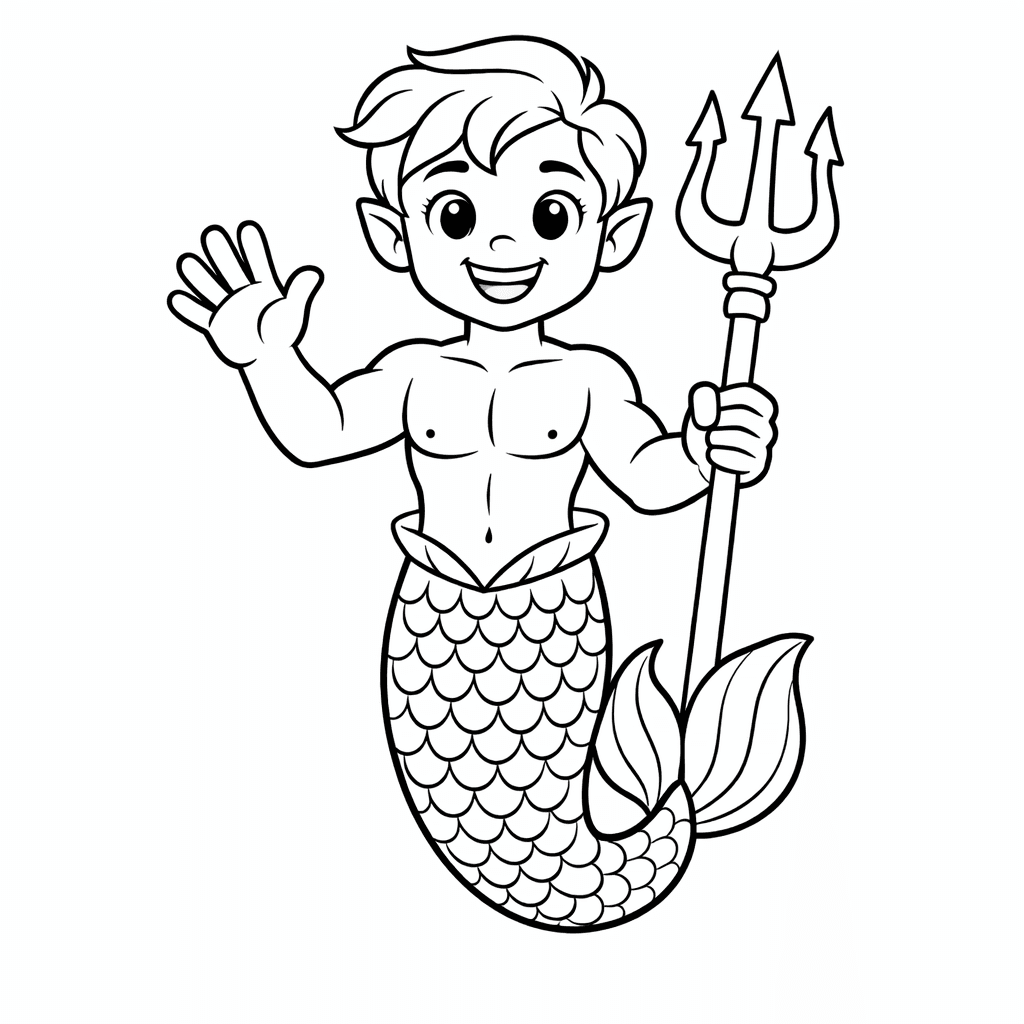 Free printable coloring page: Object Only: A Friendly Merman Waving With A…, for ages 3-6