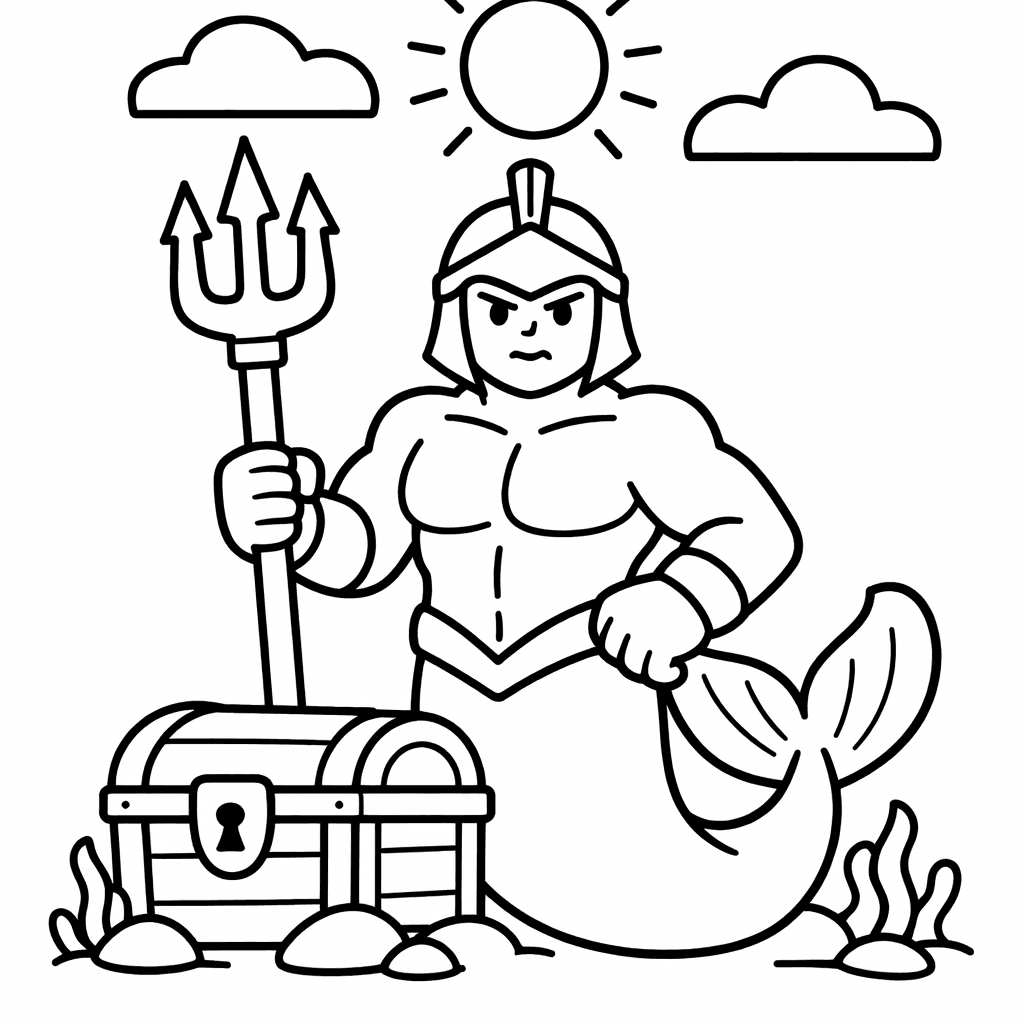 Free printable coloring page: Object Only: A Friendly Merman Waving With A…, for ages 3-6
