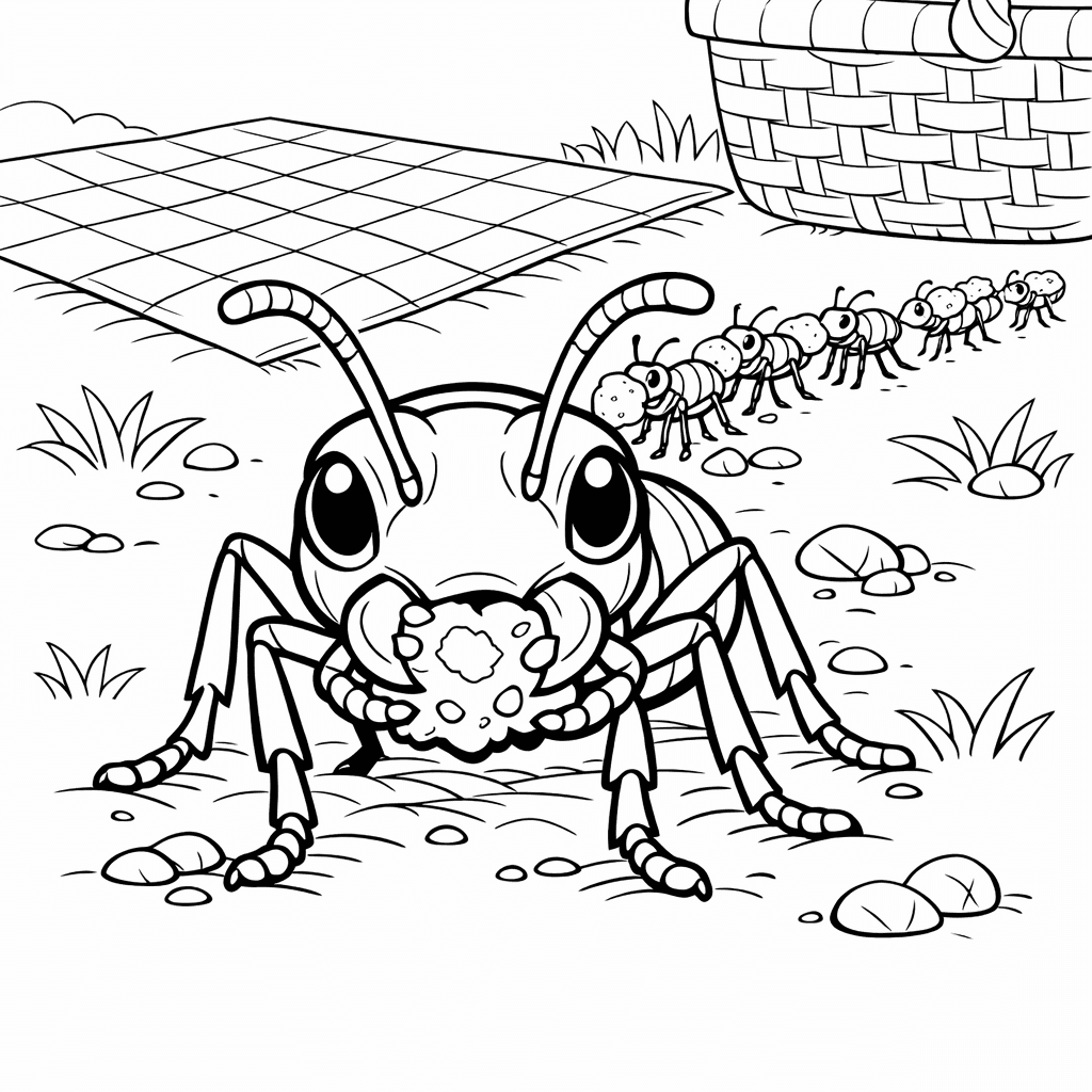 Free printable coloring page: Ant And Picnic, for ages 7-12