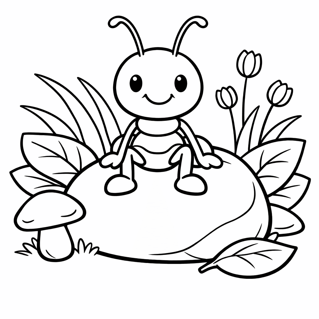 Free printable coloring page: Object Only: A Cute Ant With Clean Outlines,…, for ages 3-6