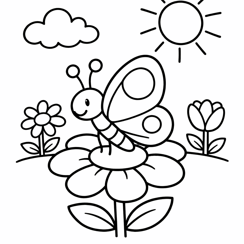 Free printable coloring page: Butterfly In Garden, for ages 3-6
