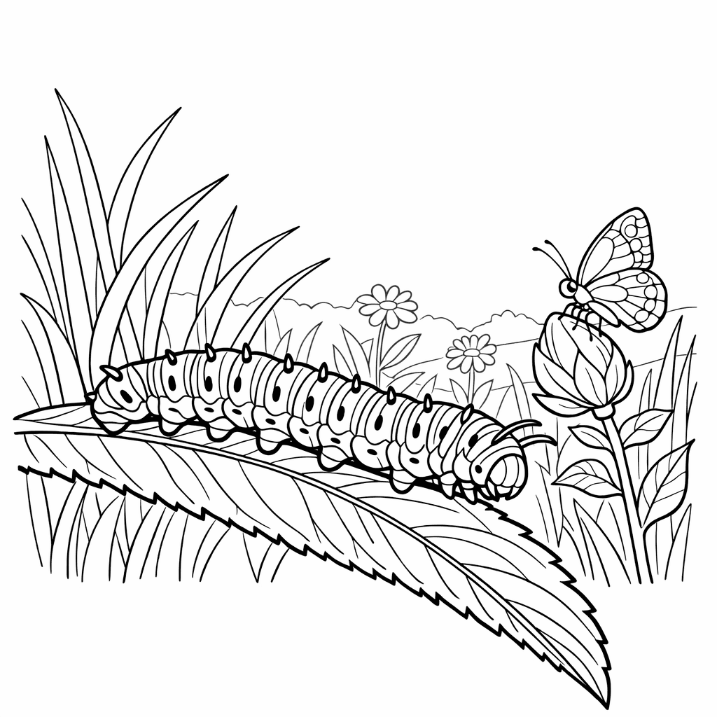 Free printable coloring page: Caterpillar On Leaf, for ages 7-12