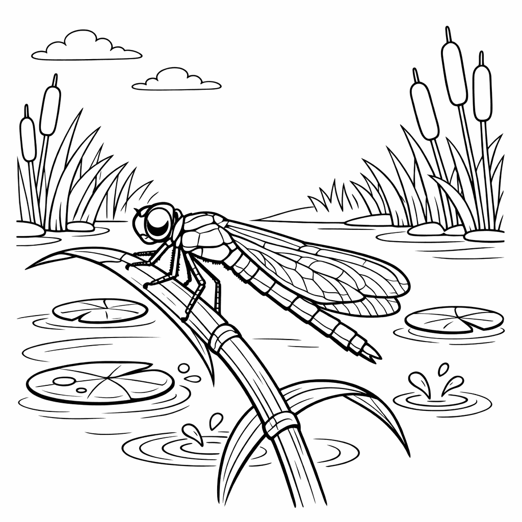 Free printable coloring page: Dragonfly And Pond, for ages 7-12