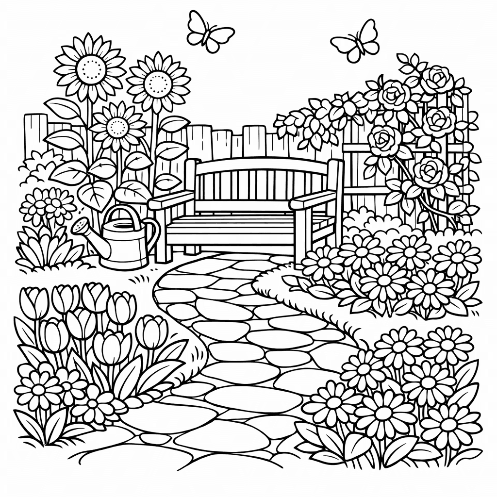 Free printable coloring page: Garden With Flowers, for ages 7-12