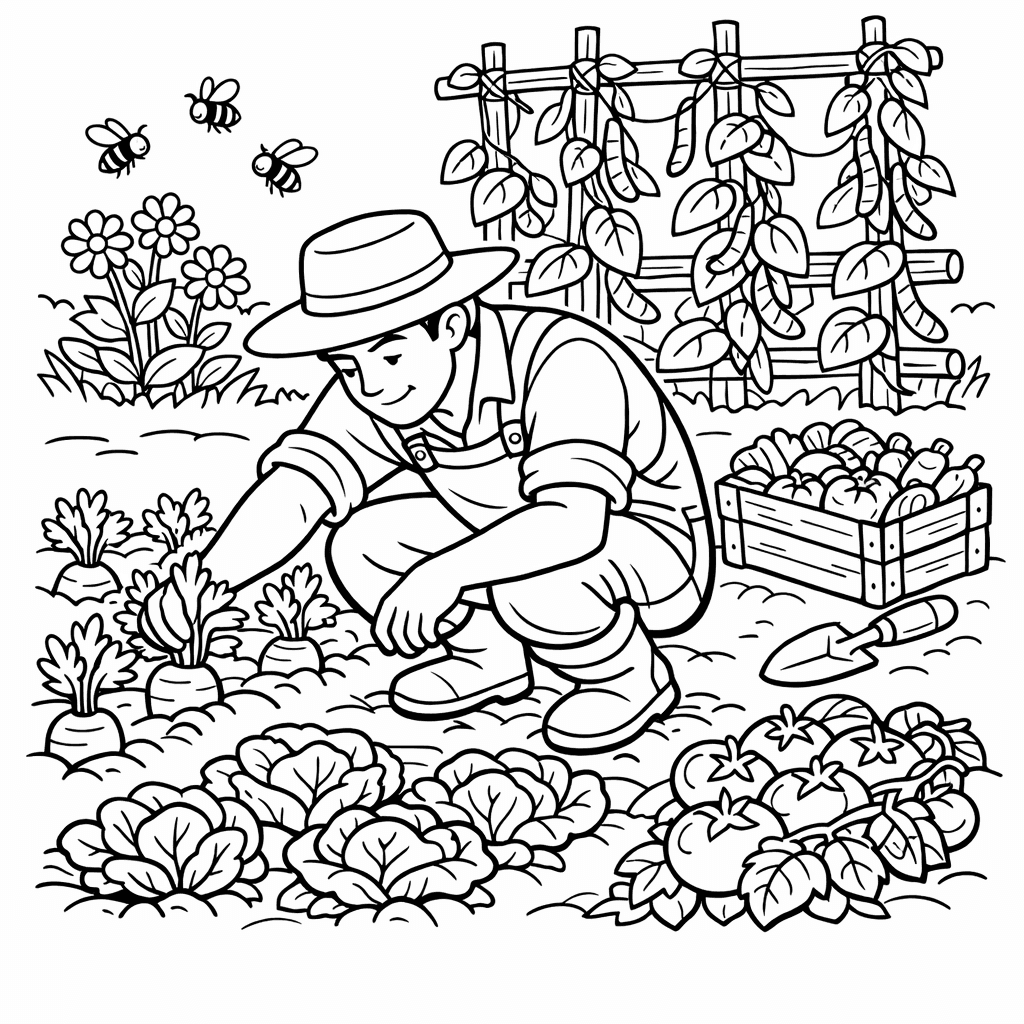 Free printable coloring page: Object Only: A Cute Garden With Clean Outlines,…, for ages 7-12