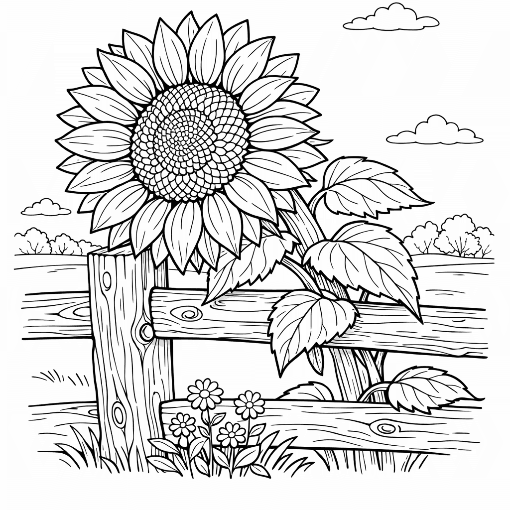 Free printable coloring page: Object Only: A Cute Sunflower With Clean Outlines,…, for ages 7-12