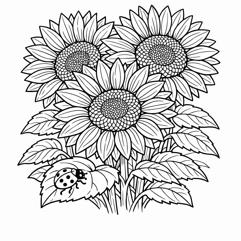 Free printable coloring page: Sunflower And Leaves, for ages 7-12