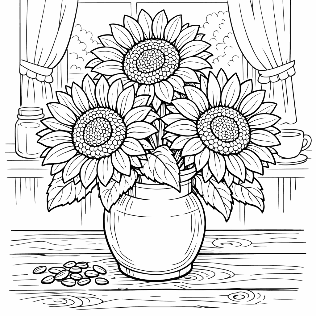 Free printable coloring page: Sunflower And Bee, for ages 7-12
