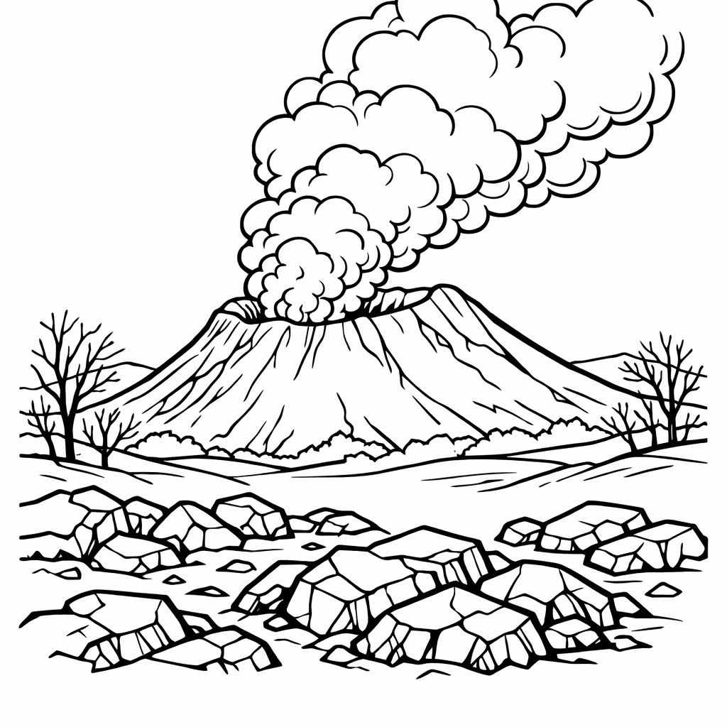 Free printable coloring page: Volcano And Palm Trees, for ages 7-12