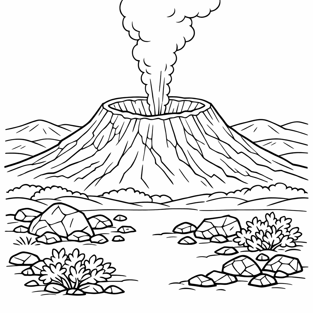 Free printable coloring page: Volcano And Dinosaurs, for ages 7-12