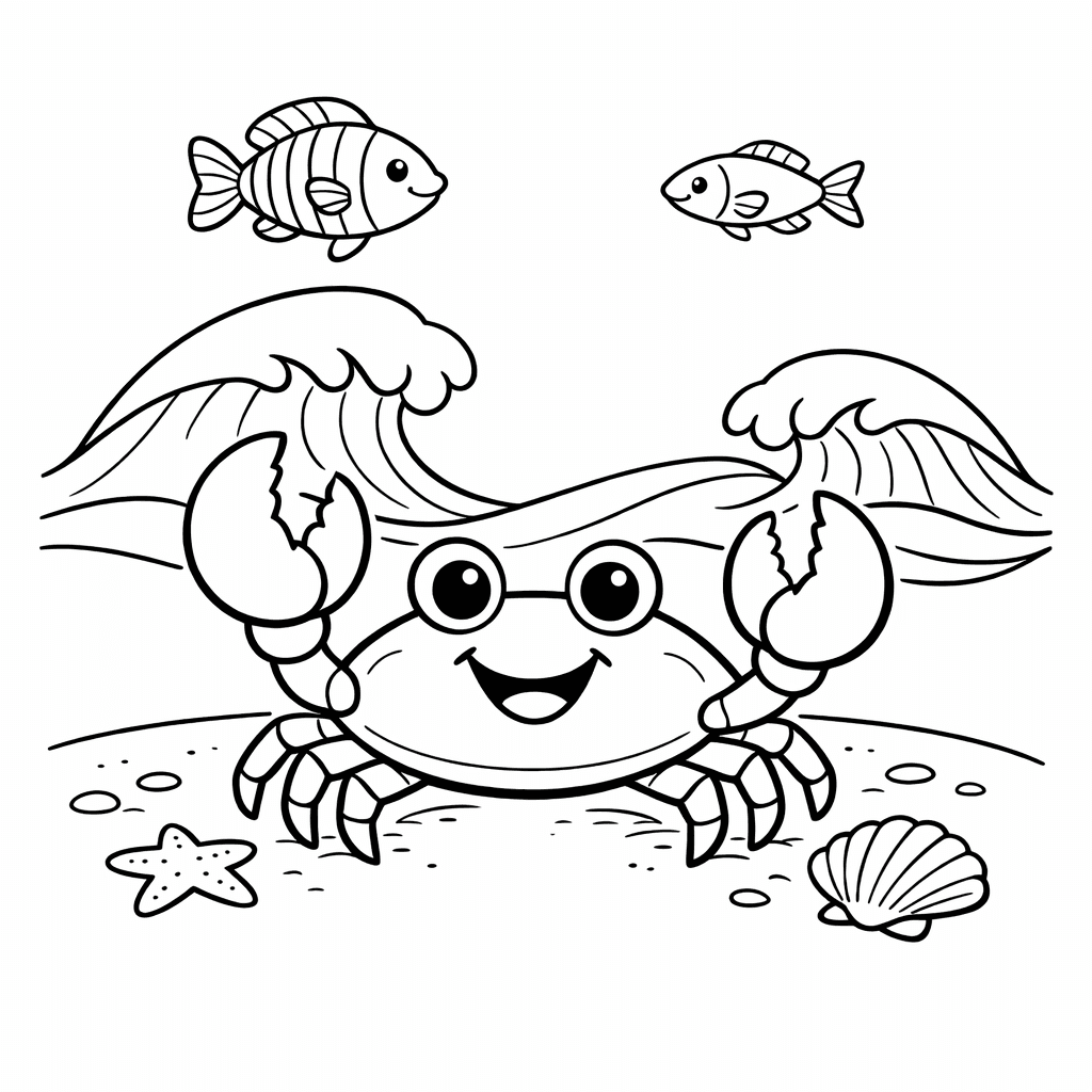 Free printable coloring page: Crab And Waves, for ages 7-12
