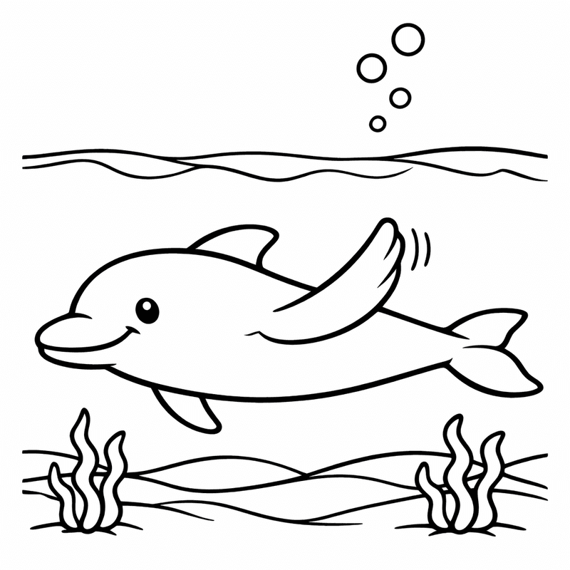 Free printable coloring page: Dolphin And Waves, for ages 3-6