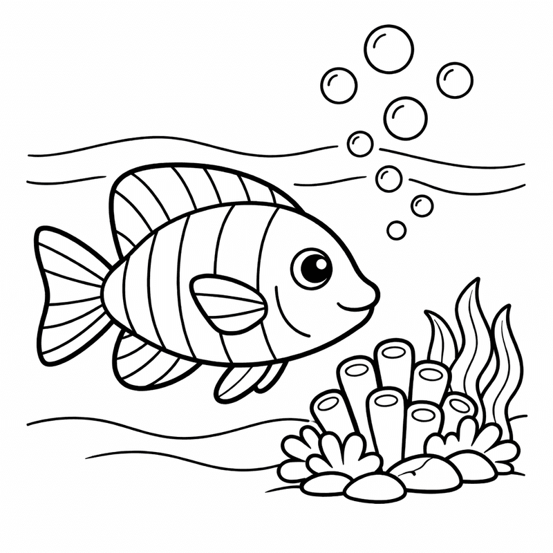 Free printable coloring page: Fish Swimming, for ages 3-6
