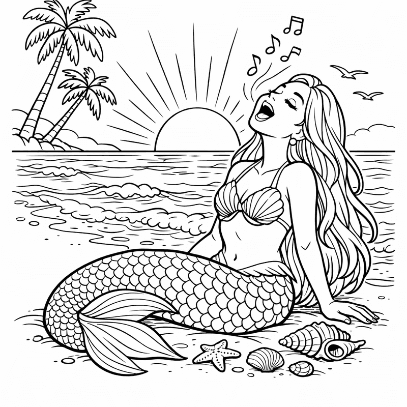Free printable coloring page: Mermaid With Shell, for ages 7-12