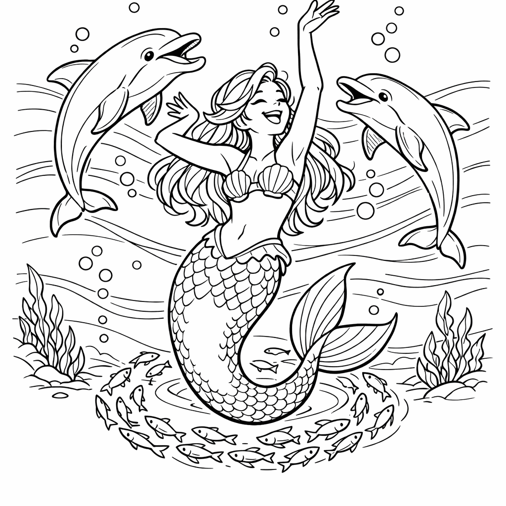 Free printable coloring page: Mermaid And Waves, for ages 7-12