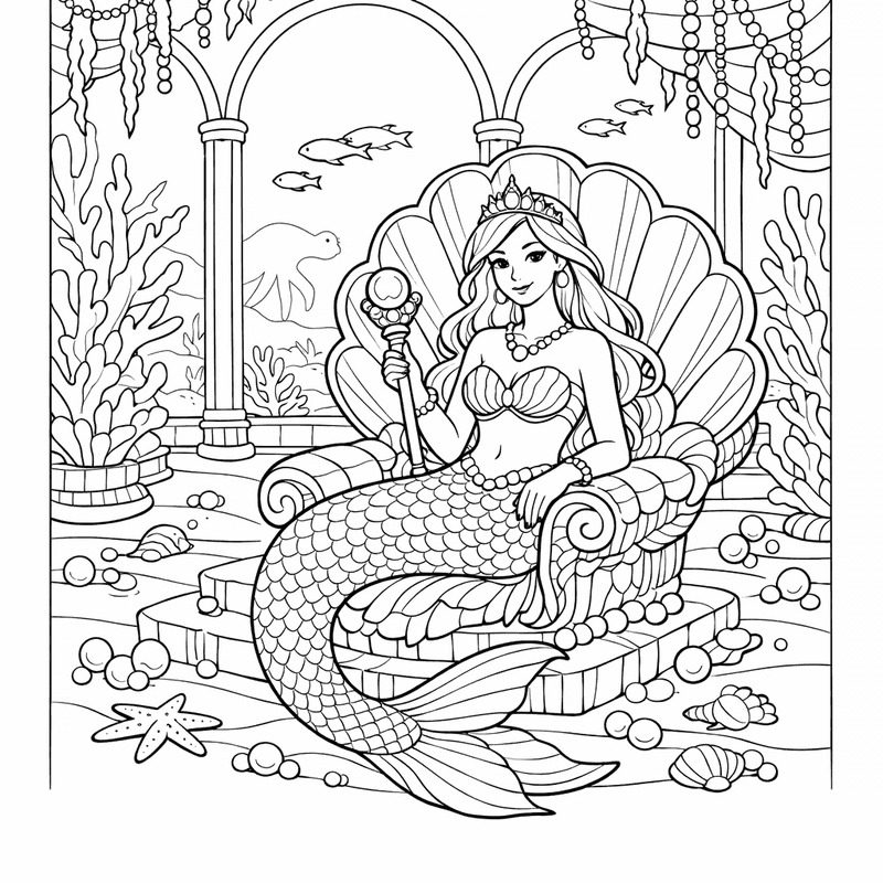 Free printable coloring page: Mermaid With Shell, for ages 7-12