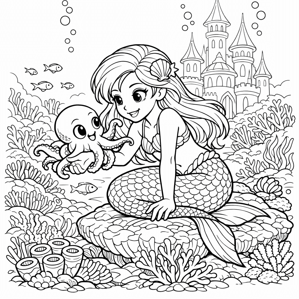 Free printable coloring page: Mermaid And Fish, for ages 7-12