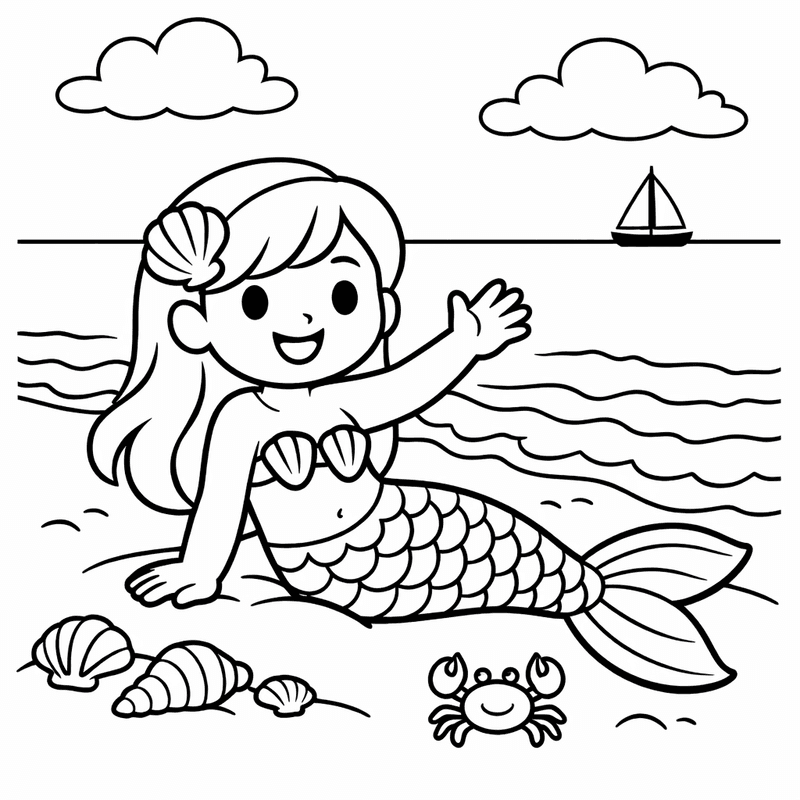 Free printable coloring page: Object Only: A Cute Mermaid With Clean Outlines, No Background, for ages 3-6
