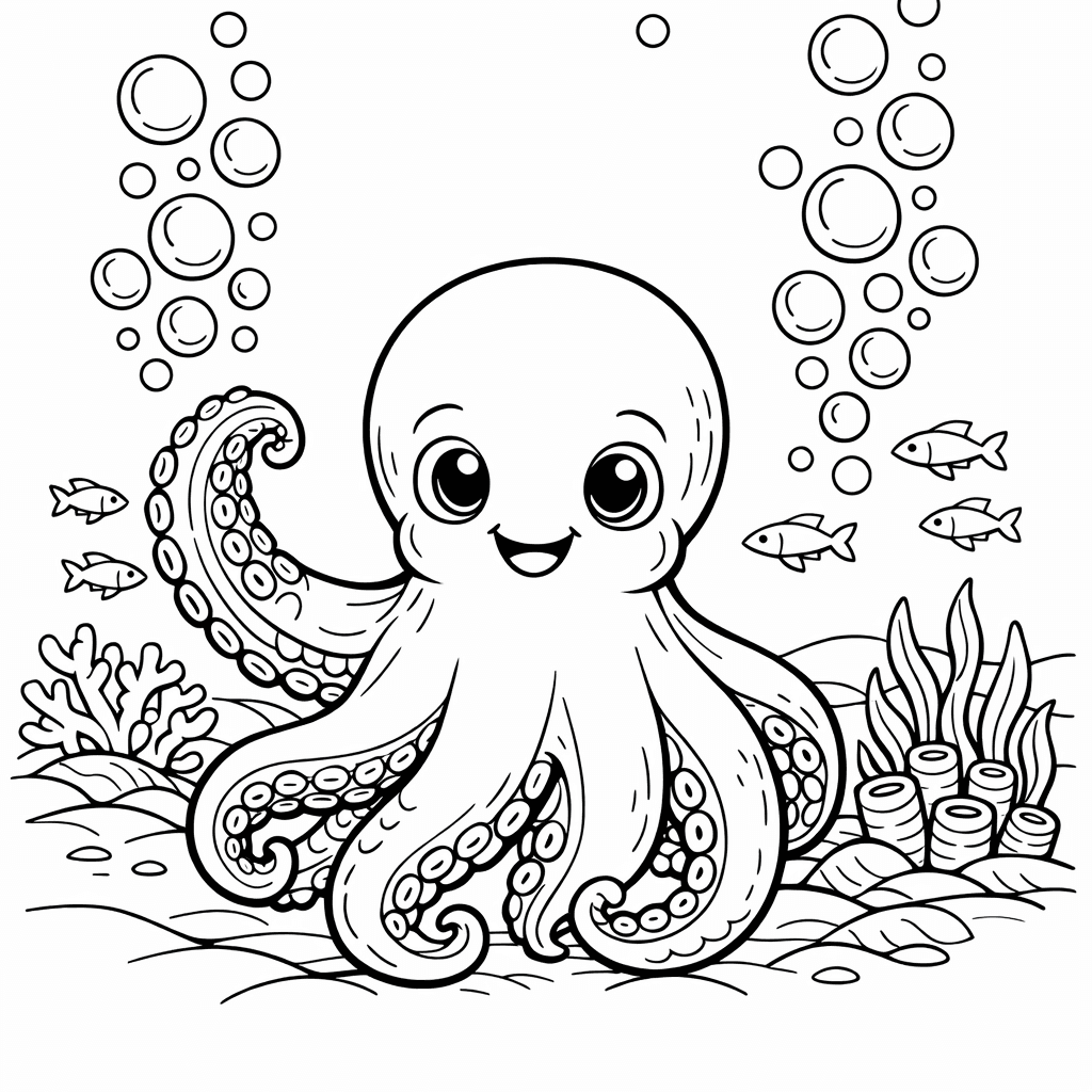 Free printable coloring page: Octopus In Cave, for ages 7-12