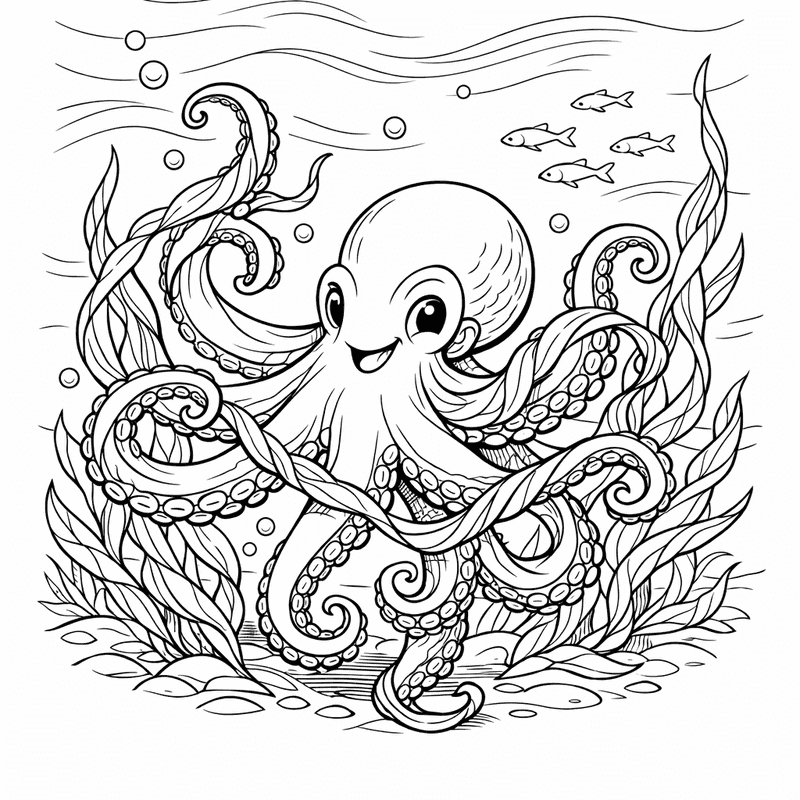 Free printable coloring page: Octopus And Treasure, for ages 7-12