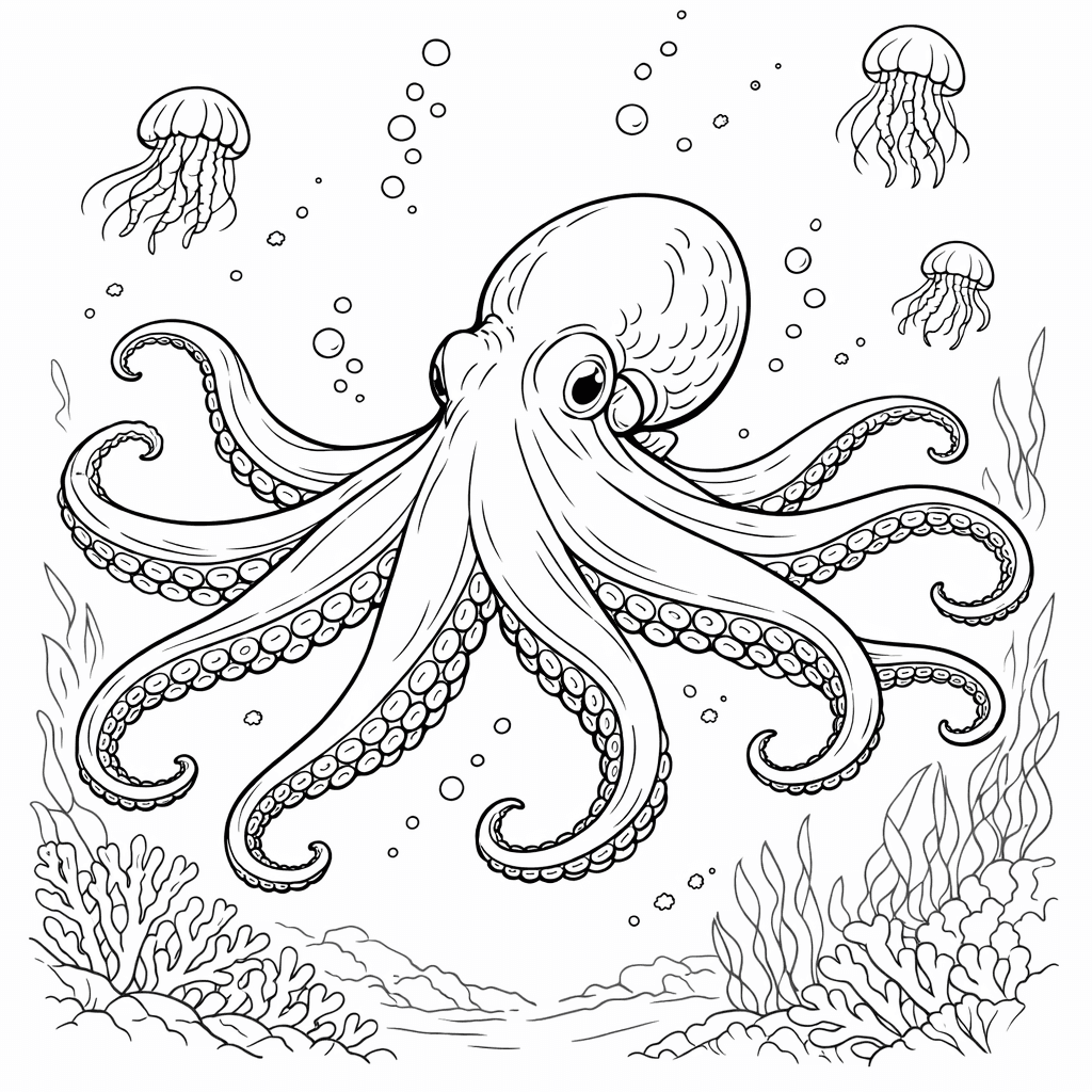 Free printable coloring page: Octopus And Treasure, for ages 7-12