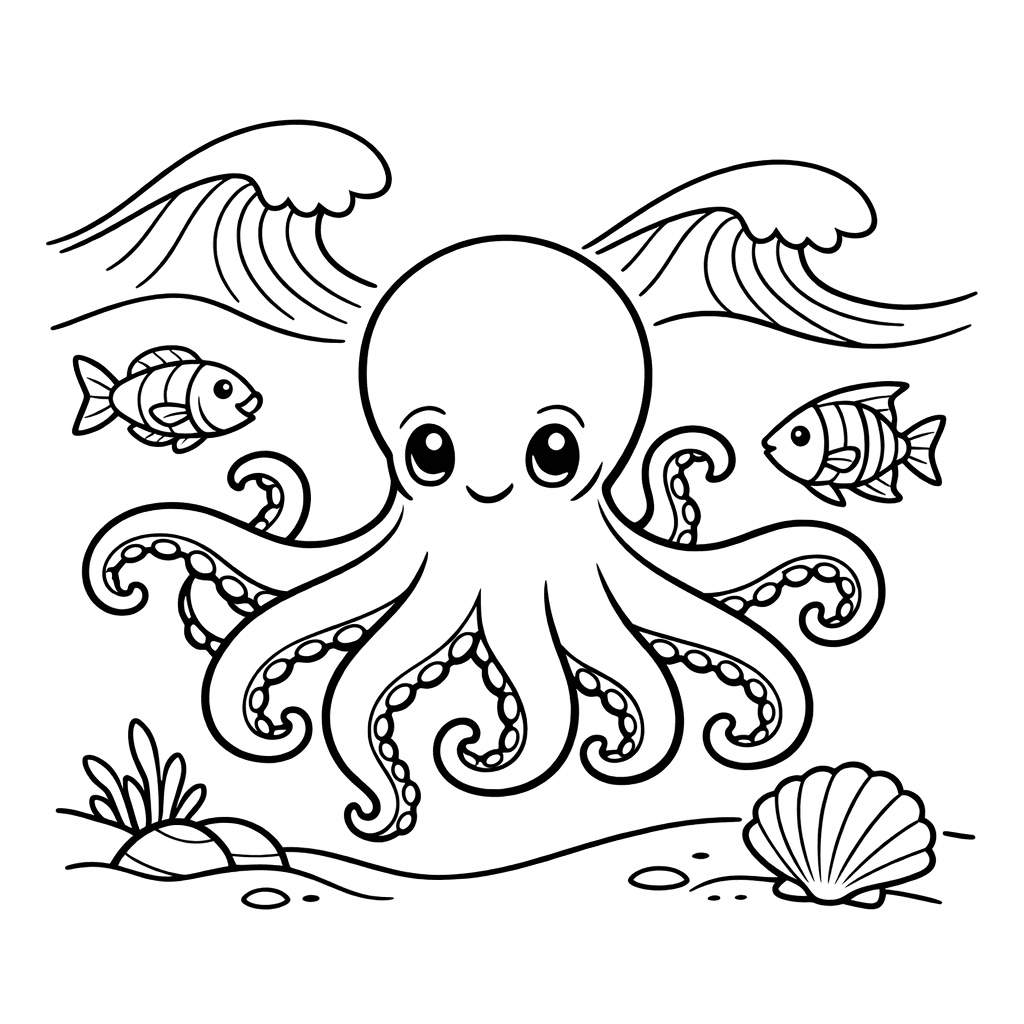 Free printable coloring page: Octopus And Bubbles, for ages 7-12