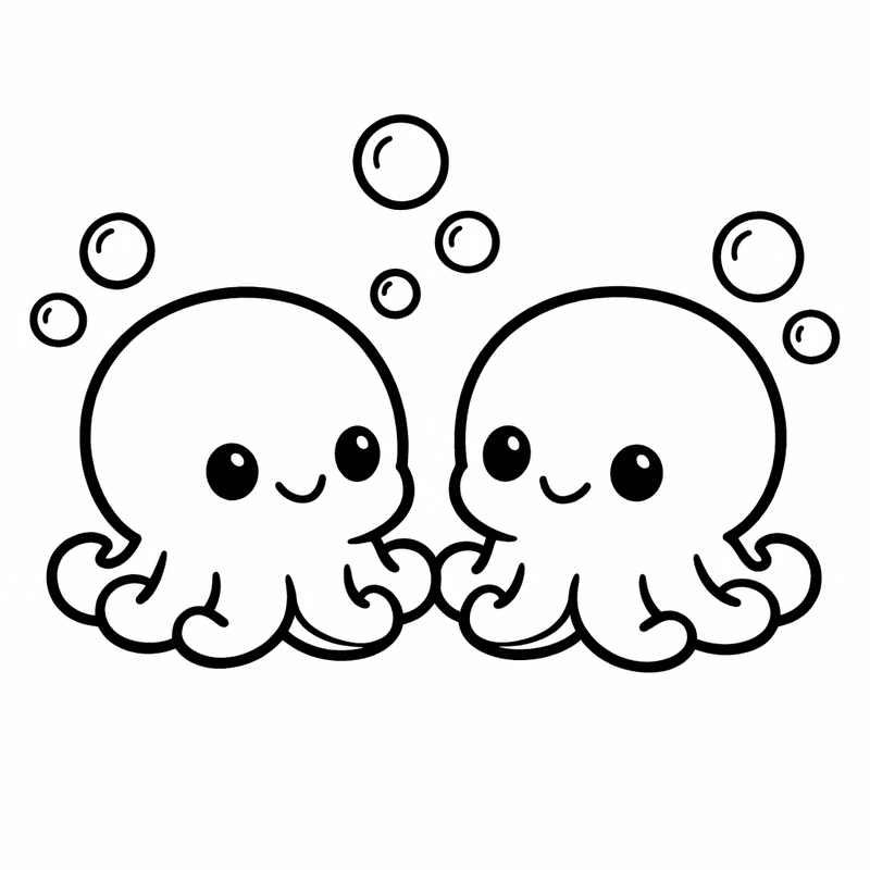 Octopus Coloring Page — Object Only: Two Or Three Octopuss Side By Side, Simple And Adorable, No Background
