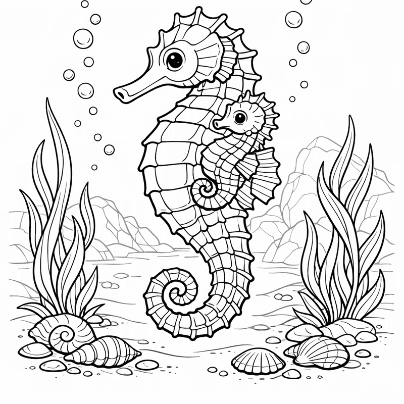 Free printable coloring page: Object Only: Two Or Three Seahorses Side By…, for ages 7-12