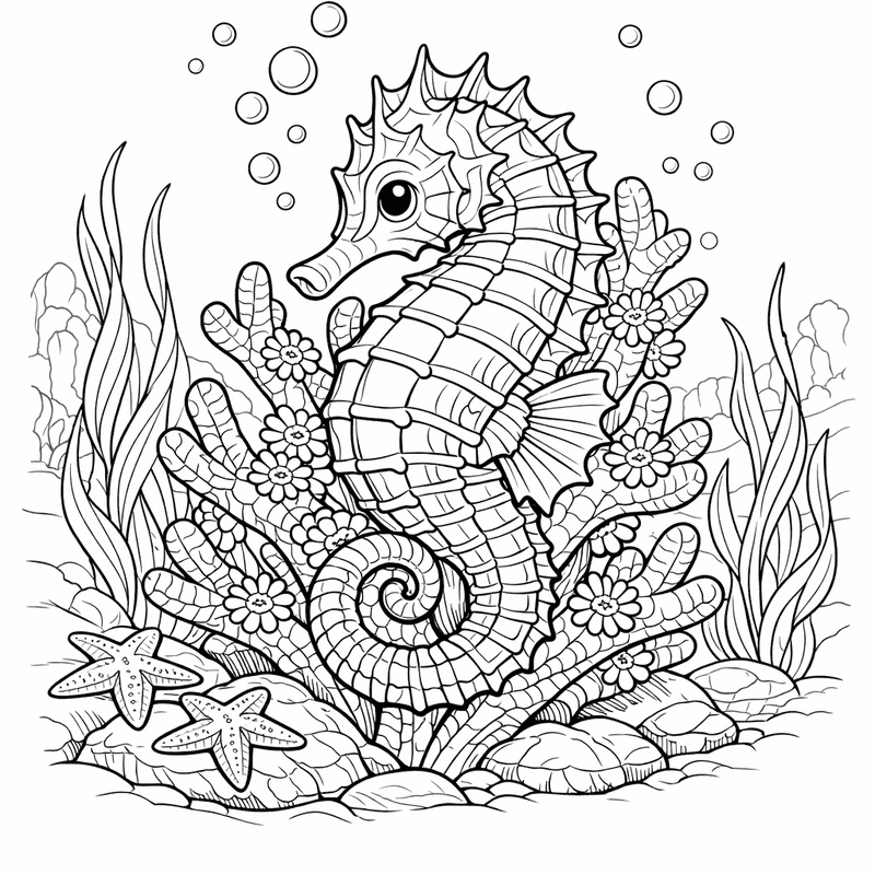 Free printable coloring page: Seahorse In Coral, for ages 7-12