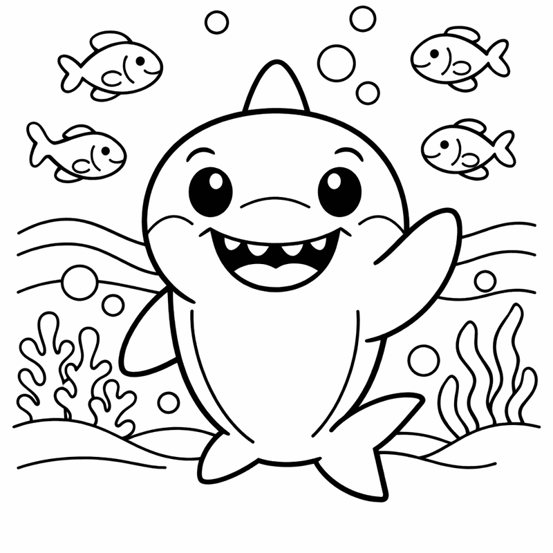 Free printable coloring page: Shark And Fish, for ages 3-6