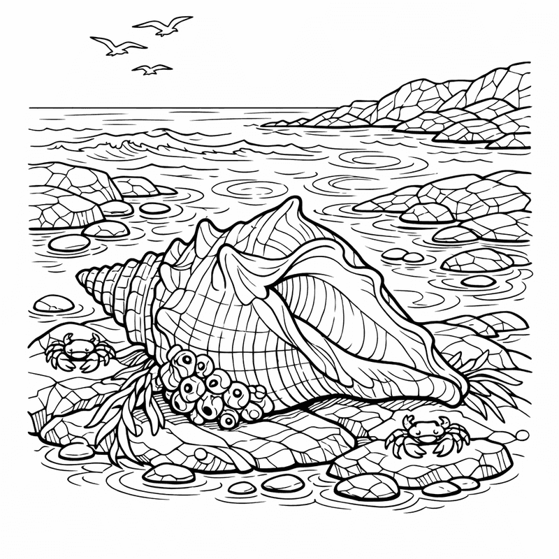 Free printable coloring page: Shell And Starfish, for ages 7-12