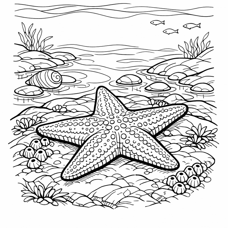 Free printable coloring page: Starfish On Sand, for ages 7-12