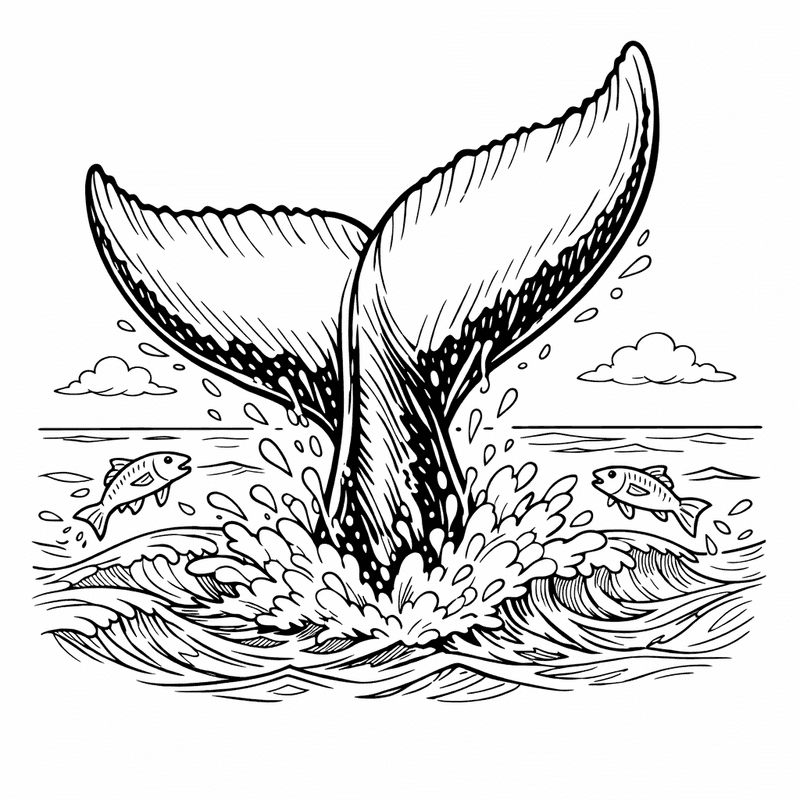 Free printable coloring page: Whale And Waves, for ages 7-12